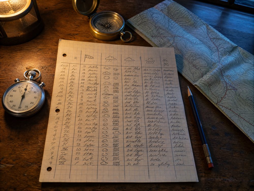 An overhead view of a hand-drawn weather log on graph paper with a mechanical stopwatch, a brass compass, a pencil and a folded contour map