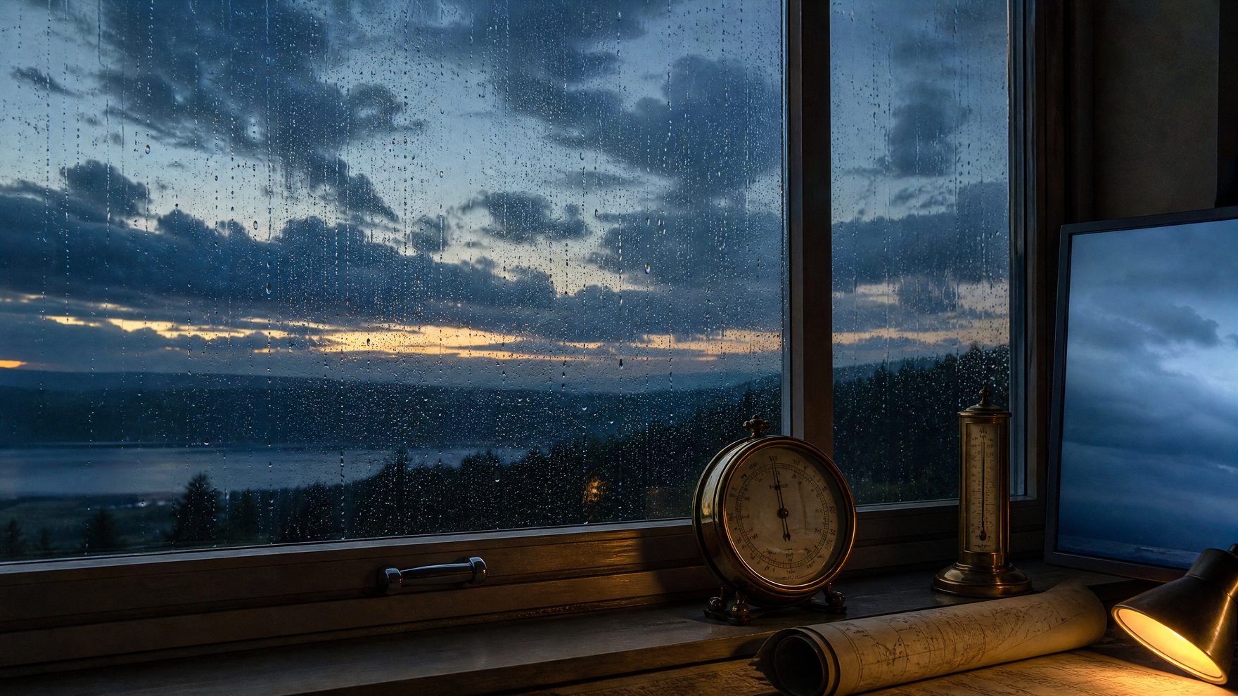 A rain-streaked window at dusk seen from inside a study, with an analogue barometer, a brass thermometer and a rolled chart on the sill