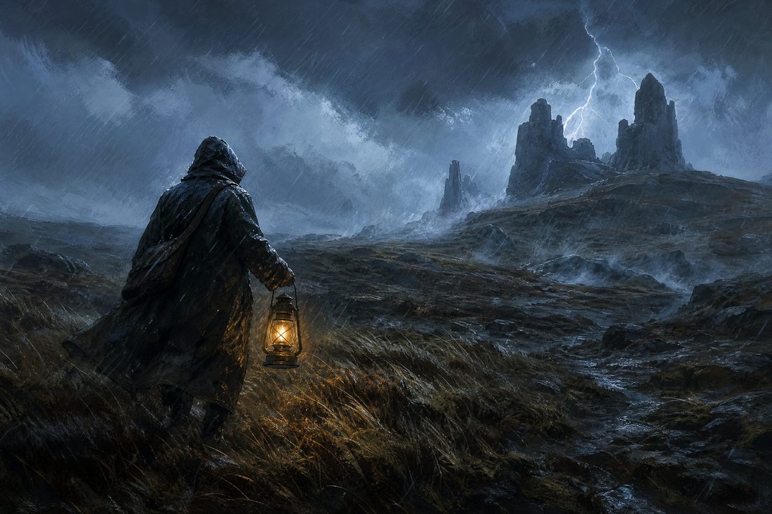 A lone figure in an oilskin coat crossing a high moor as sheets of rain sweep in, lightning over distant rocky tors