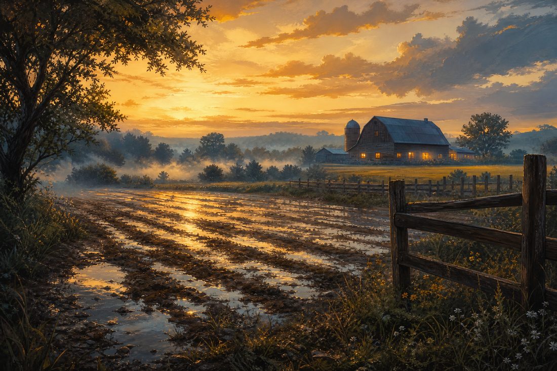 Waterlogged furrows reflecting a sandy-amber sky after rain, with a wooden fence line, low mist and a distant barn