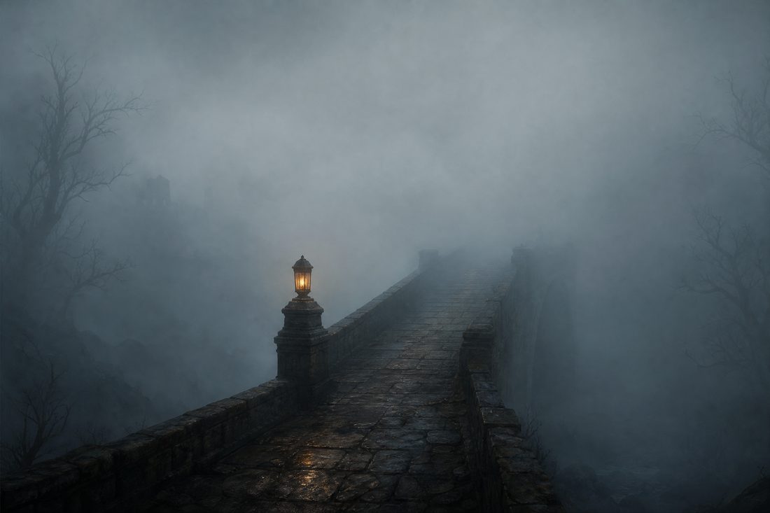 A stone bridge disappearing into dense grey-blue fog with bare trees in silhouette and a single lit lamp on the post