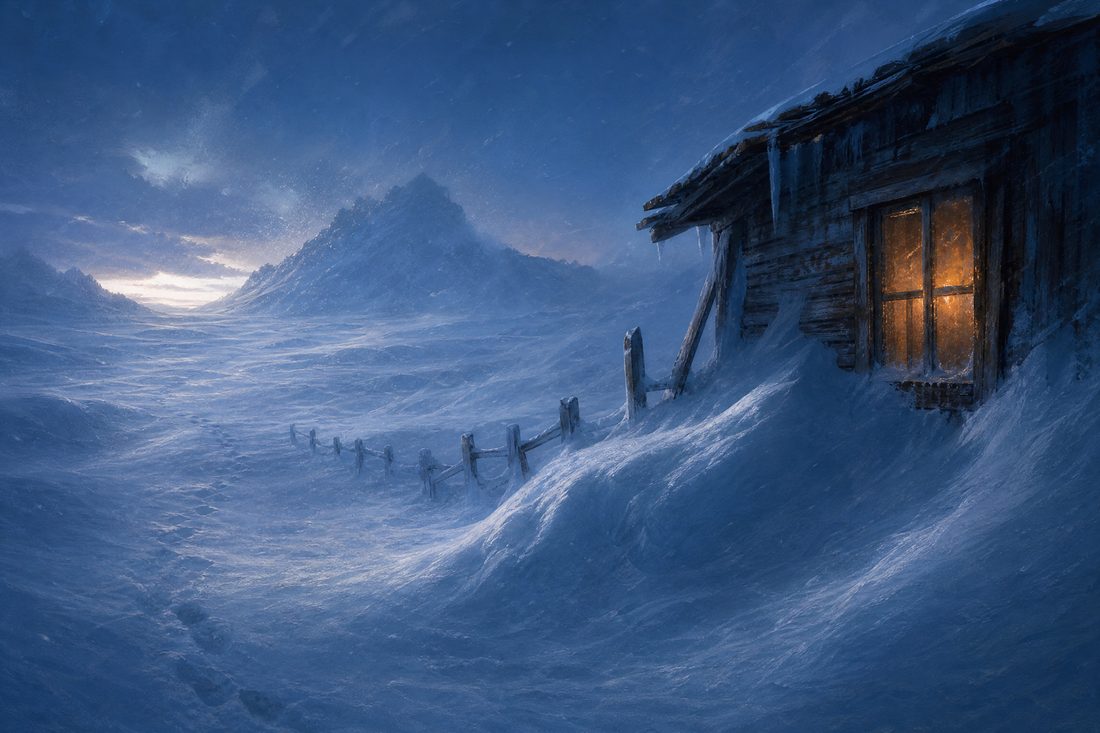 A snowfield at blue hour with wind-driven spindrift, a half-buried fence and a wooden shelter with one lit window