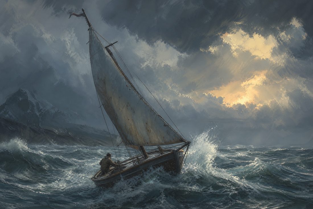 A small single-masted boat heeled over on grey-green swell with spray across the bow and storm clouds stacked on the horizon