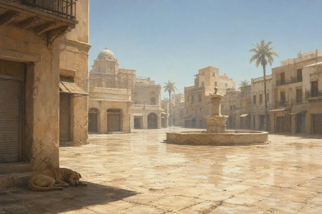 An empty stone plaza at midday in hard white light with heat shimmer above the flagstones, closed shutters and a dry fountain